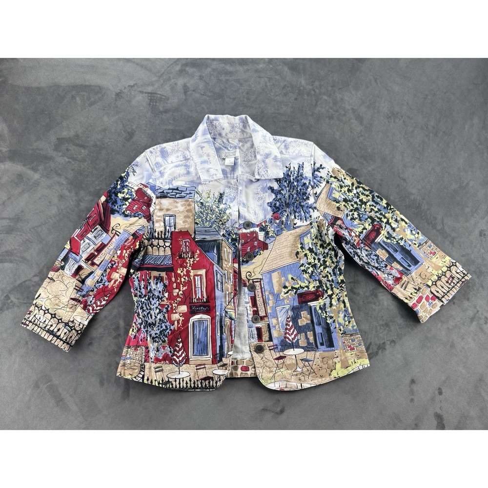 Christopher & Banks Women's Village Scene Print Button Front Jacket Top Size S